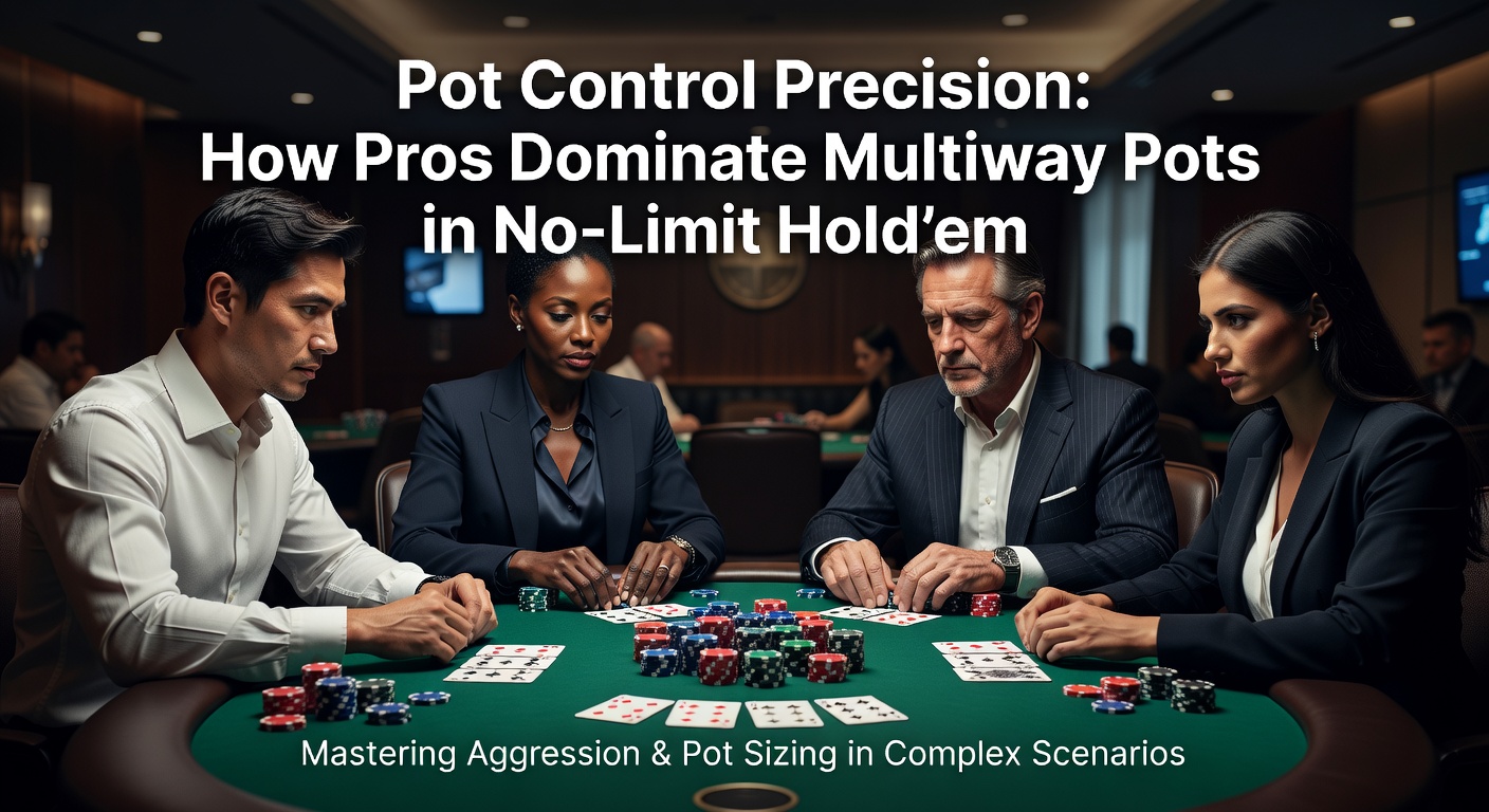Pokerprofis analysieren ein Multiway-Pot am Tisch mit Chips und Karten im Vordergrund, typisch für No-Limit Hold'em Turniere