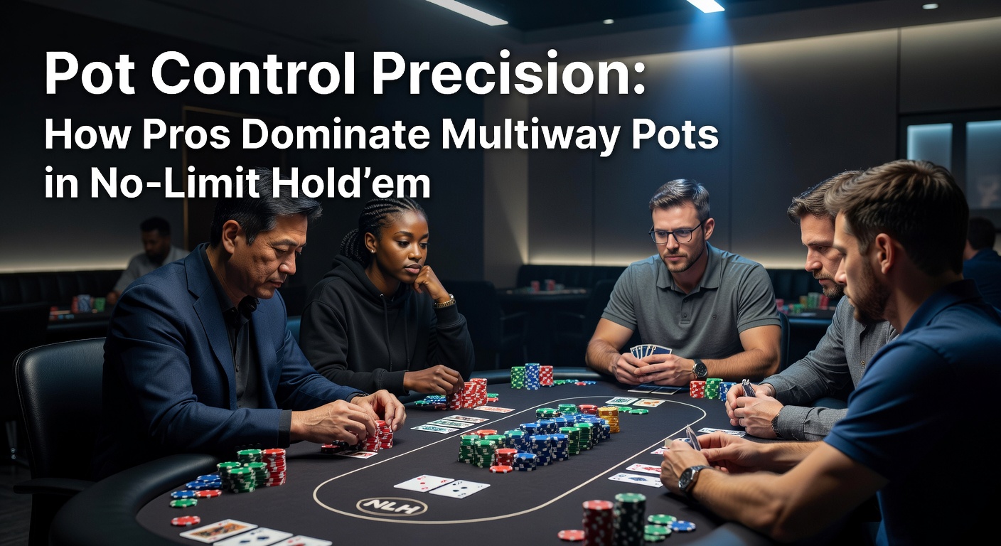 Nahaufnahme eines Poker-Tisches mit Multiway-Action, Chips-Stacks und Spielerhände, die Pot Control demonstrieren