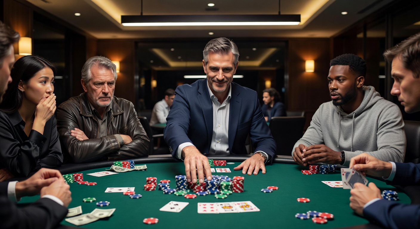 Poker-Spieler am Tisch führt einen Check-Raise durch, während Gegner überrascht reagieren