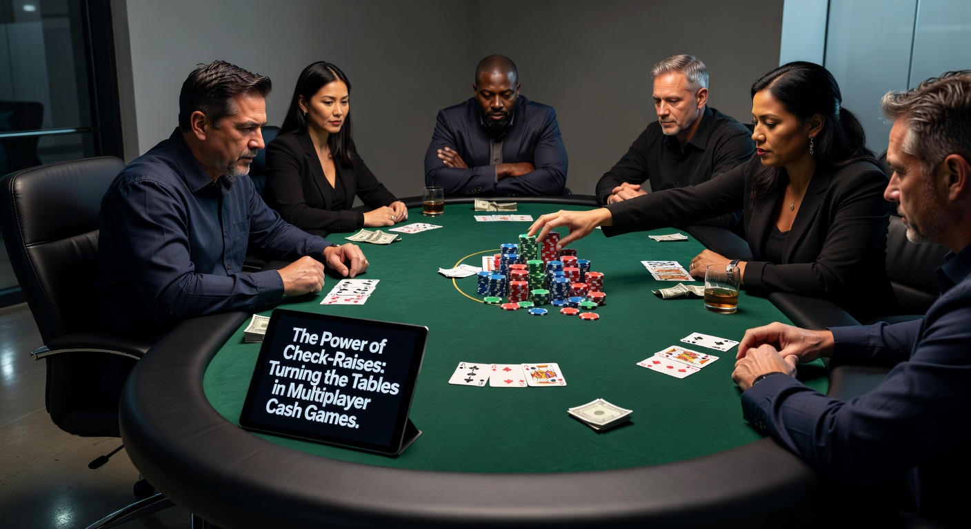 Detaillierte Grafik eines Multiway-Pots mit erfolgreichem Check-Raise, inklusive Chip-Stacks und Board-Karten